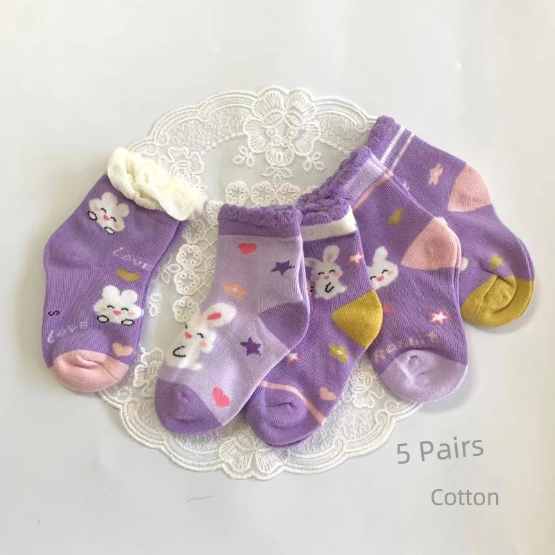 

5 Pairs 1 To 12 Years Girls' Socks Spring Autumn Summer Cartoon Children's Cotton Socks Girls' Cute Princess Socks