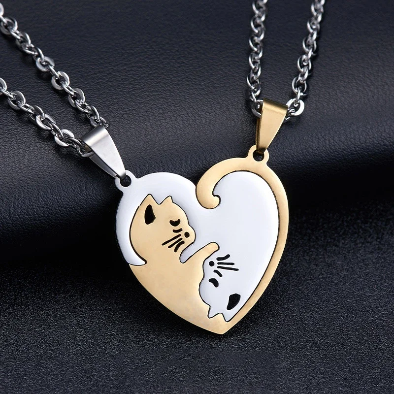 Fashion Love Cat Couple Necklace A Pair of Stitching Male and Female Students Pendant Simple Pendant Valentine's Day Gift