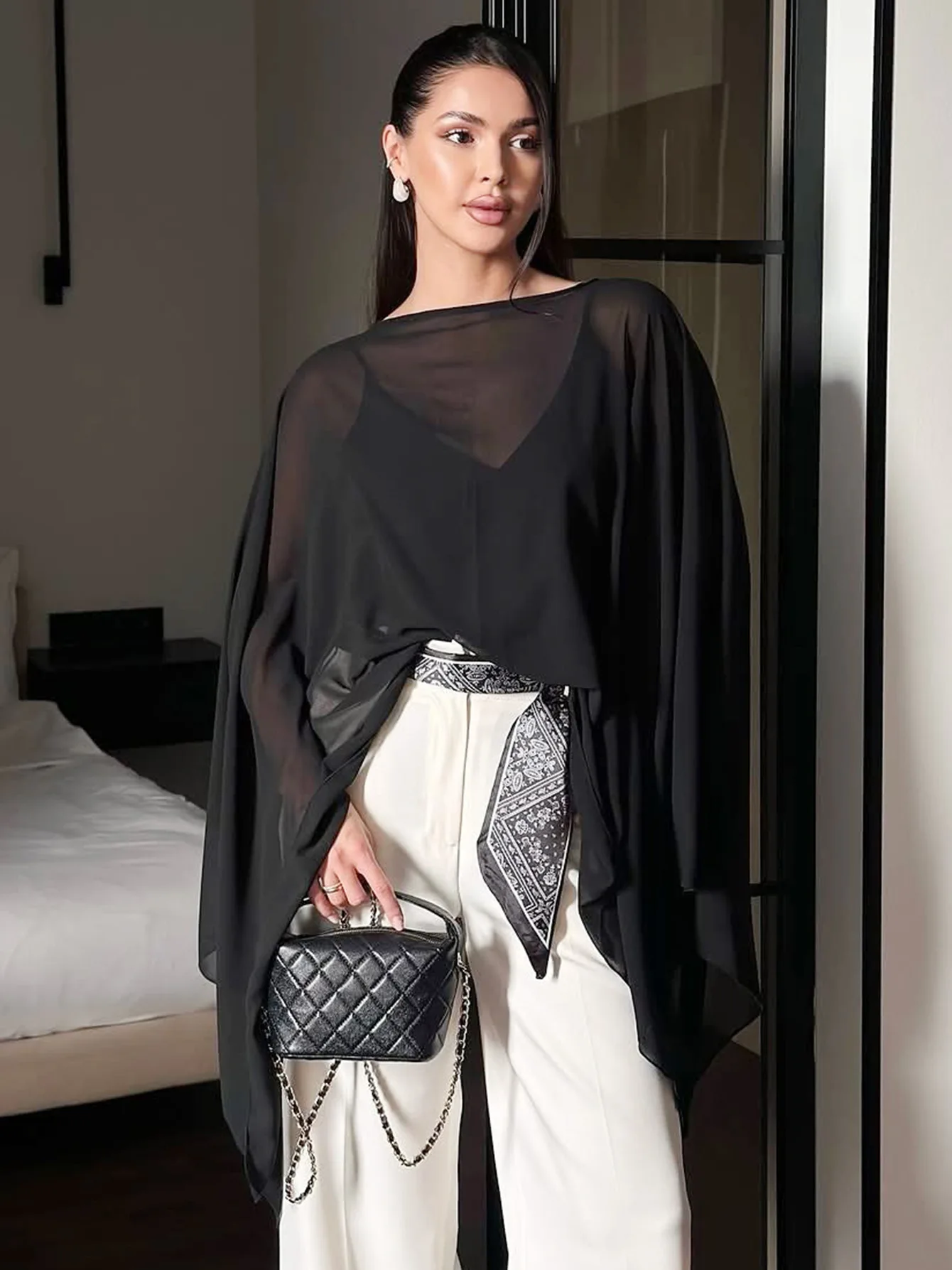 Summer Lady Two Piece Set Sheer Chiffon Poncho Cover Up Sleeveless V Neck Camisole Top Loose Irregular Hem Beach Vacation Outfit