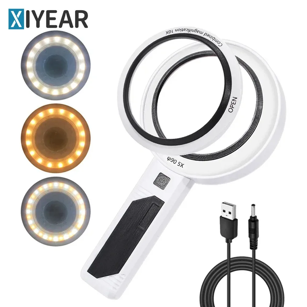 

20x Magnifier Handheld Optical Magnifier Tri-color LED Light Source Adjustable Dual Combination Magnification Magnifier