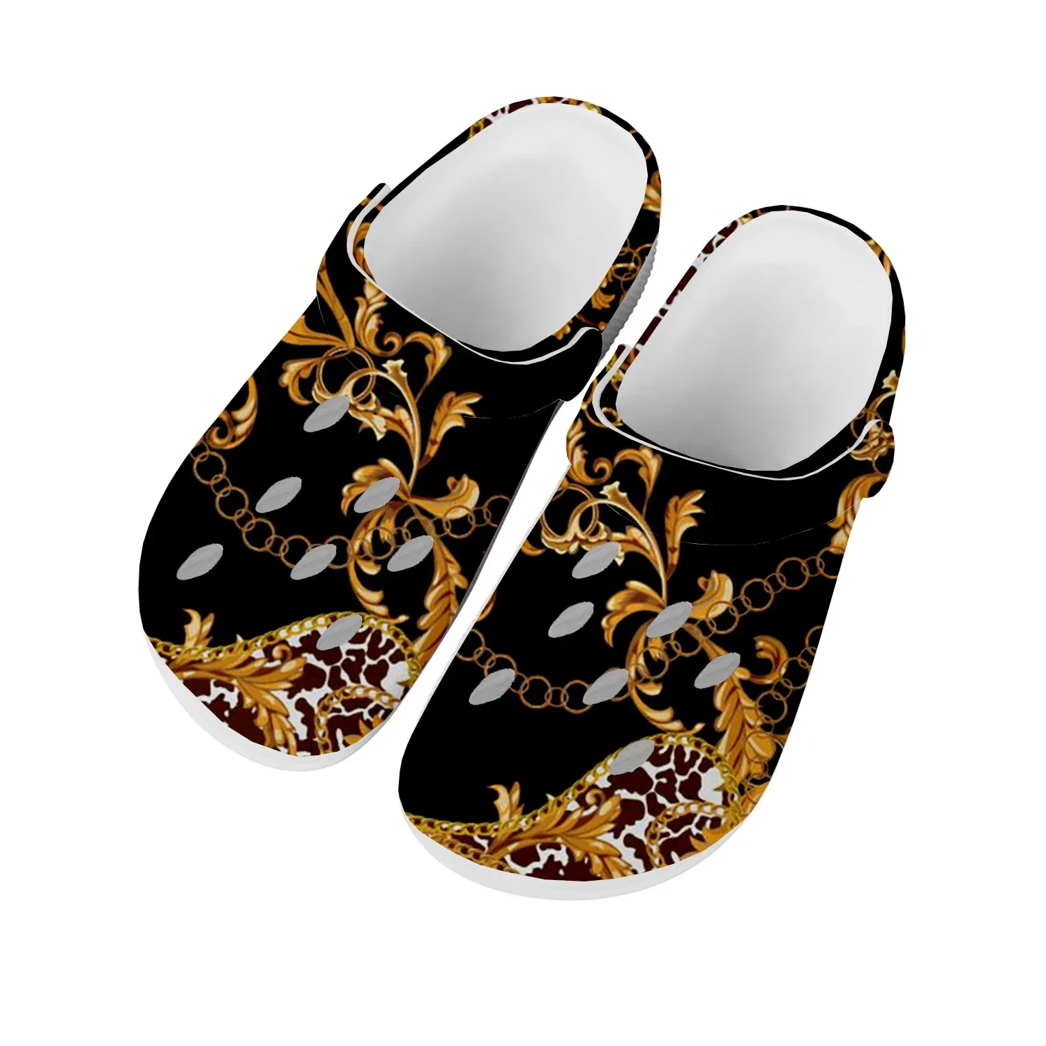 

Golden Leopard Lace Chain Home Clog Mens Women Youth Boy Girl Sandals Garden Custom Made Breathable Beach Hole Slippers Shoes