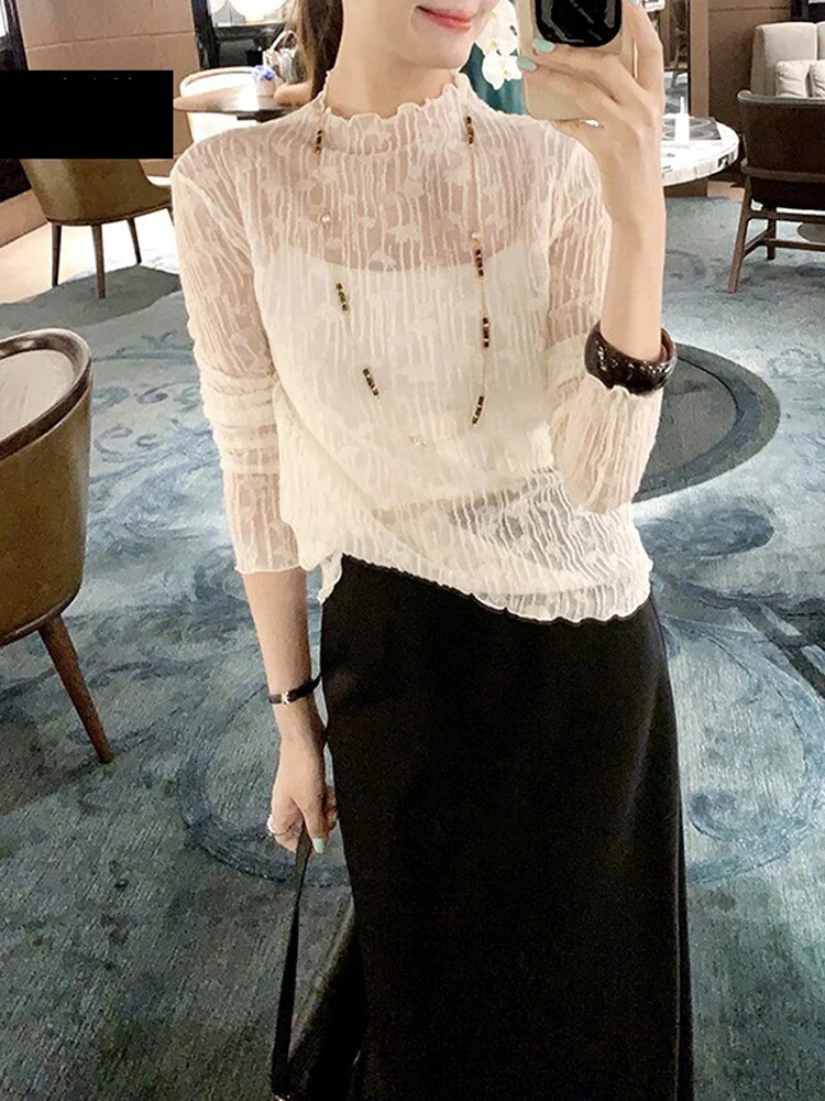 

Ultra-Soft Camere Lace Base Layer irt Women's Simple See-tough Wool Lace Top Thin Korean Sle Commute Faion