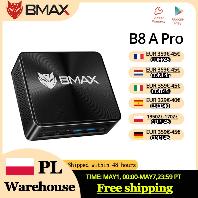 BMAX B8 A Pro Mini PC z procesorem AMD Ryzen 7 8745HS, 16 GB pamięci RAM DDR5, 512 GB dyskiem NVMe SSD, systemem Windows 11 Pro, Wi-Fi 6 i Bluetooth 5.2