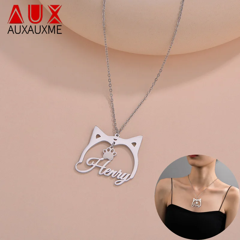 

Auxauxme Cute Animal Footprints Custom Name Necklace Stainless Steel Dog Cat Pet Paw Choker Women Child Friends Jewelry Gifts