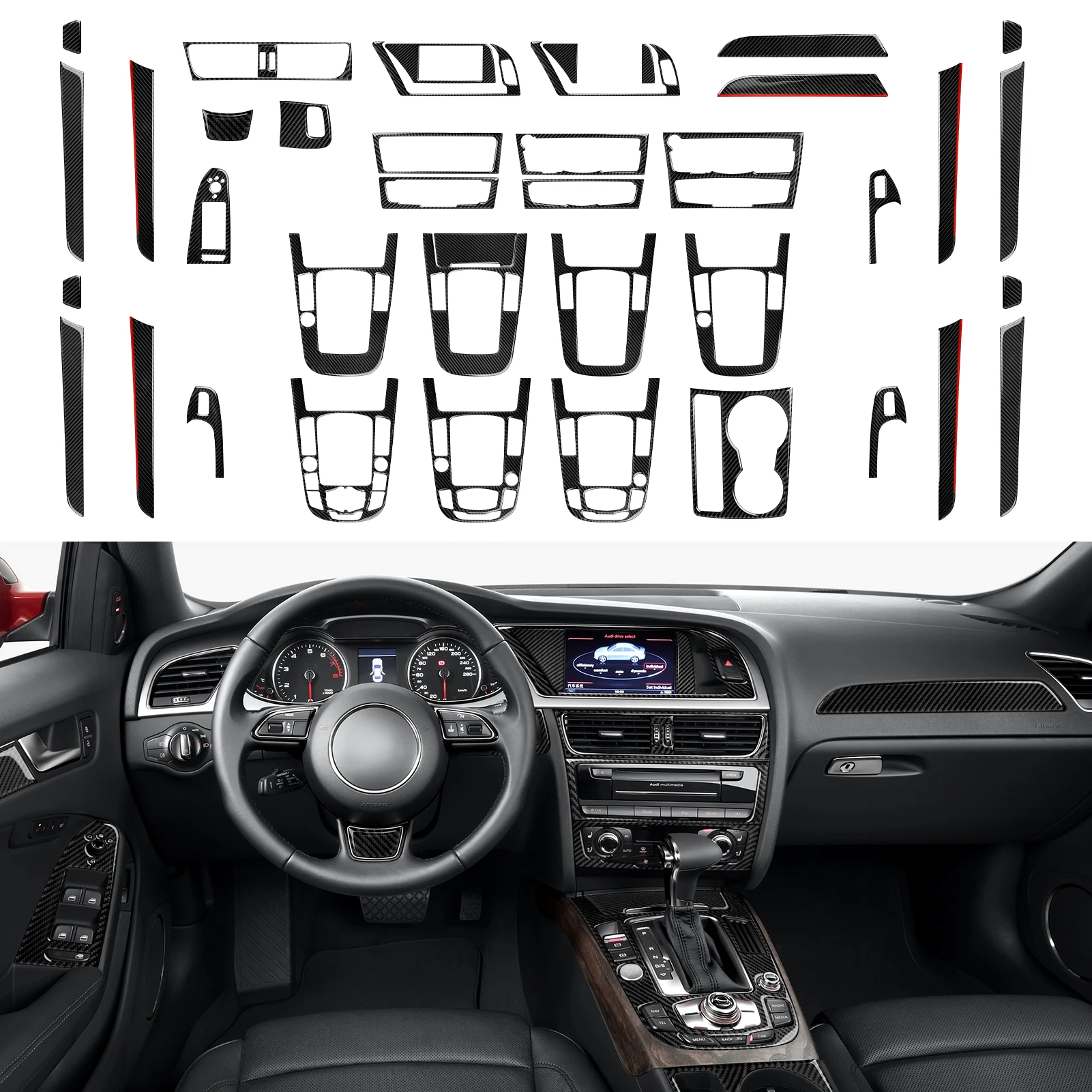 Image of Auto-Mittelkonsolen-Schalttafel-Set, für Audi A4 S4 RS4 A5 S5 RS5 (2007–2016) Kohlefaser-Innenaufkleber, Verkleidungszubehör