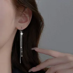 925 Sterling Silver Five Pointed Star Tassel Earrings Long Star Round Bead Earrings Fashionable Jewelry Bridesmaid Gift