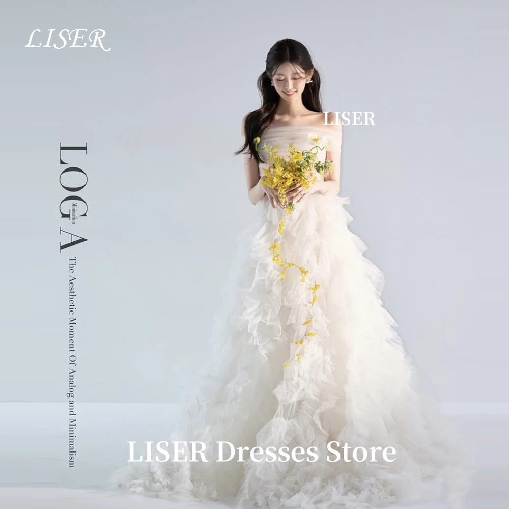 فساتين زفاف كورية من Liser مكشوفة الكتف على شكل حرف a متدرجة من التل الناعم لالتقاط الصور فساتين زفاف لامعة لحفلات الزفاف مشدات مخصصة من الخلف