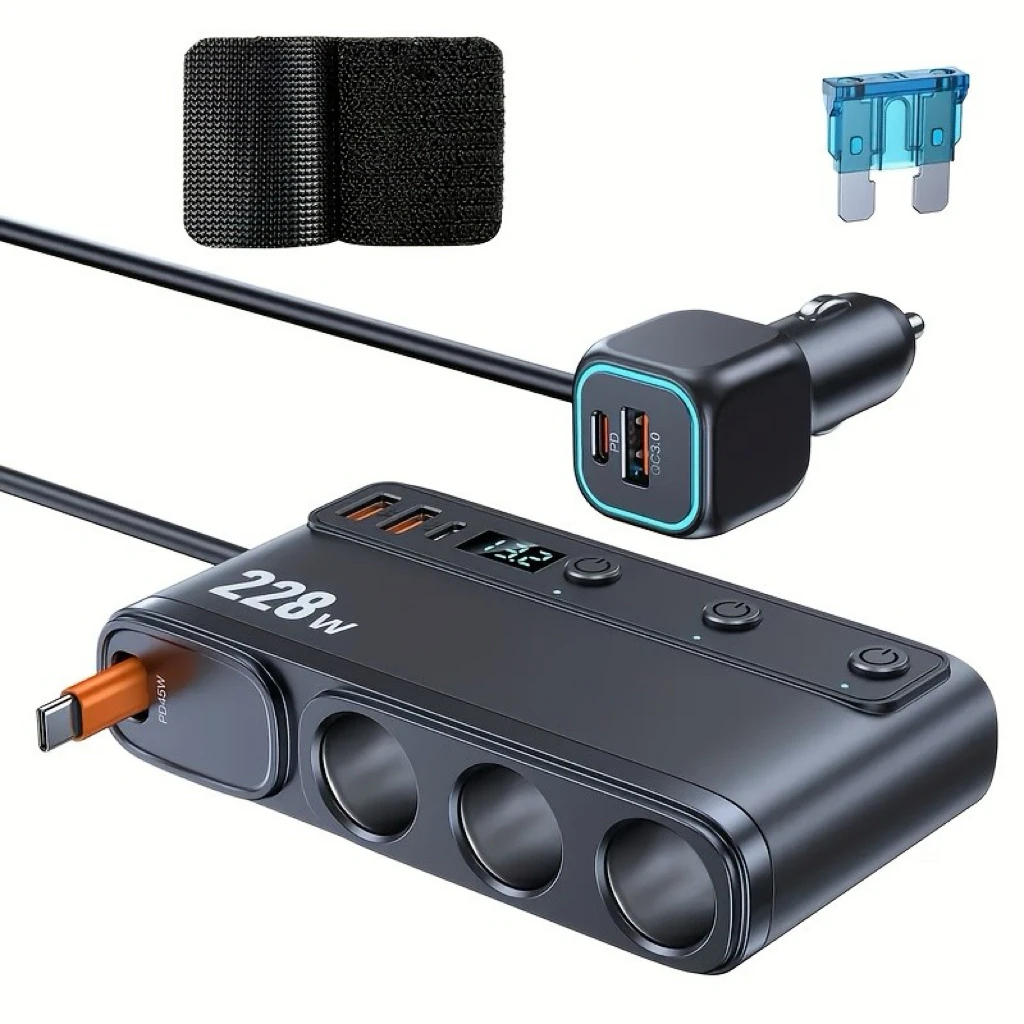 Автомобильное зарядное устройство мощностью 228 Вт от одного до трех |   Экранный дисплей |   Авто зарядное устройство |   Многопортовый 9-в-1 с PD/QC 3.0 |   Независимый переключатель