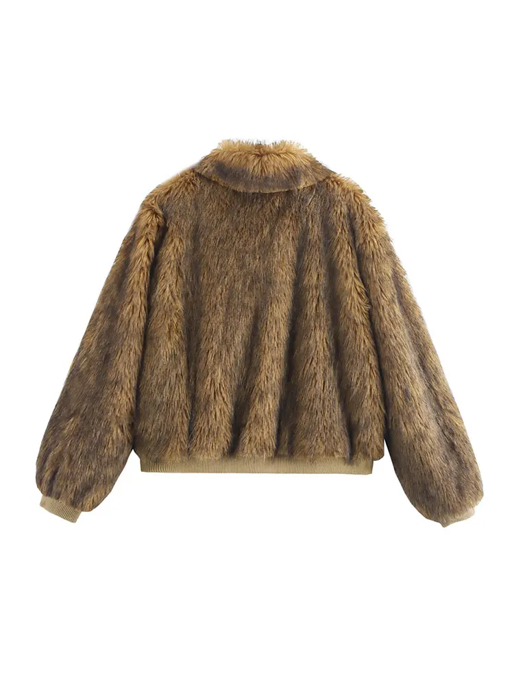TRAF 2024 Winter Vintage Short Faux Fur Bomber Jackets for Women Fluffy Warm Coats Long Sleeve Casual Outerwears 