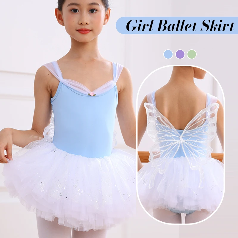 

Children's Dance Girls' Summer Sling Ballet Leotard Spring Summer Ballet Clothes Butterfly Wings Performance Gauze Tutu Skirt
