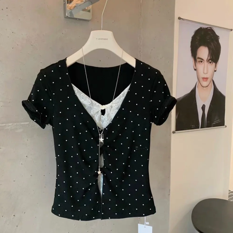Summer Sexy Style Lace Splice Short Sleeve T-Shirt Women Slimming Integrated with Chest Pad Short Length Nylon Fabric Ladies Top
