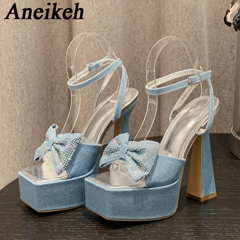 Aneikeh 2024 Summer Denim Square Toe Butterfly-Knot Platform Chain Peep Toe Women Sandals Sexy Buckle Strap Party Stripper Shoes