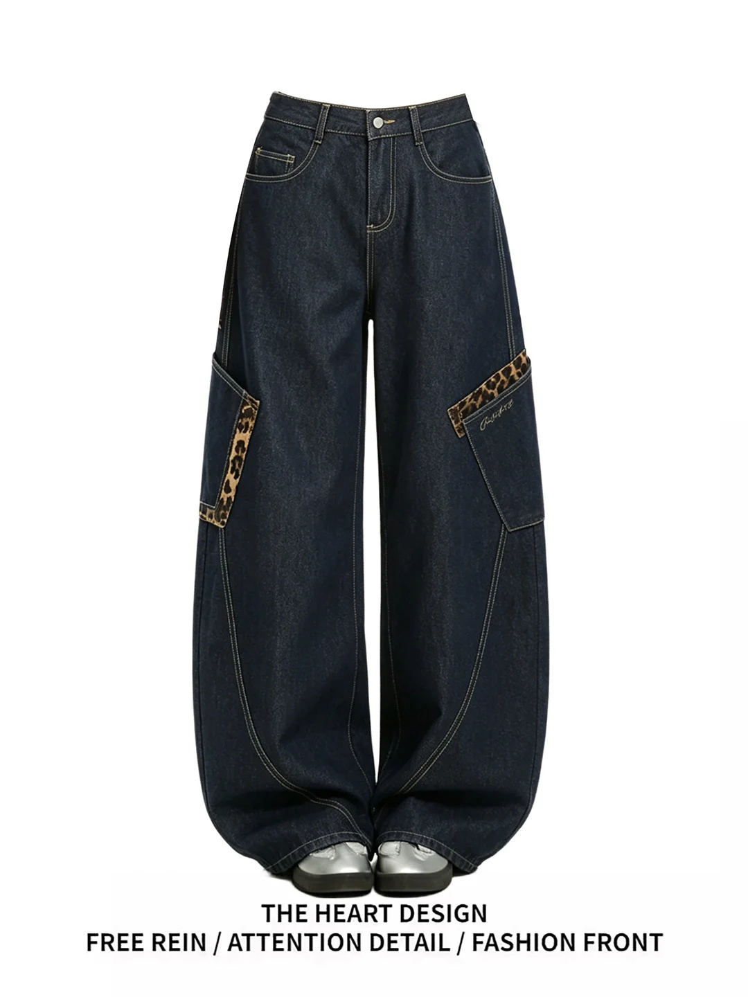 

Retro American Leopard Print Patchwork Wide Leg Pocket Workwear Jeans Women Summer Loose Fit Casual High Waist Denim Pants