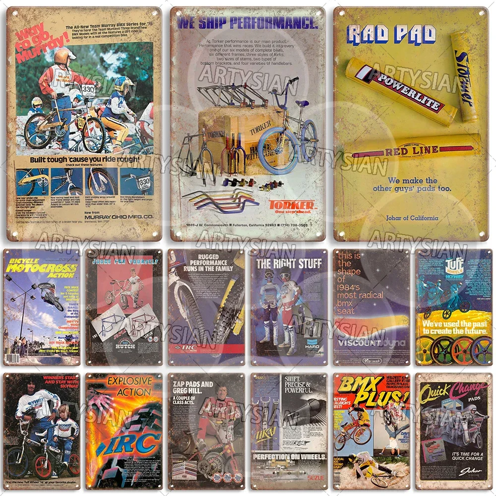 Vintage BMX Bike Metal Sign Bicycle Motocross Plaque Racing Murray Torker Hutch IRC Haro Skyway Viscount TUF Wheels Powerlite