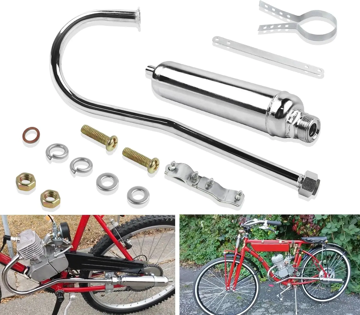 750mm Motorcycle Chrome Muffler Exhaust Pipe for 49cc 50cc 66cc 80cc 2 Stroke Engine Motorized Bicycle Bike