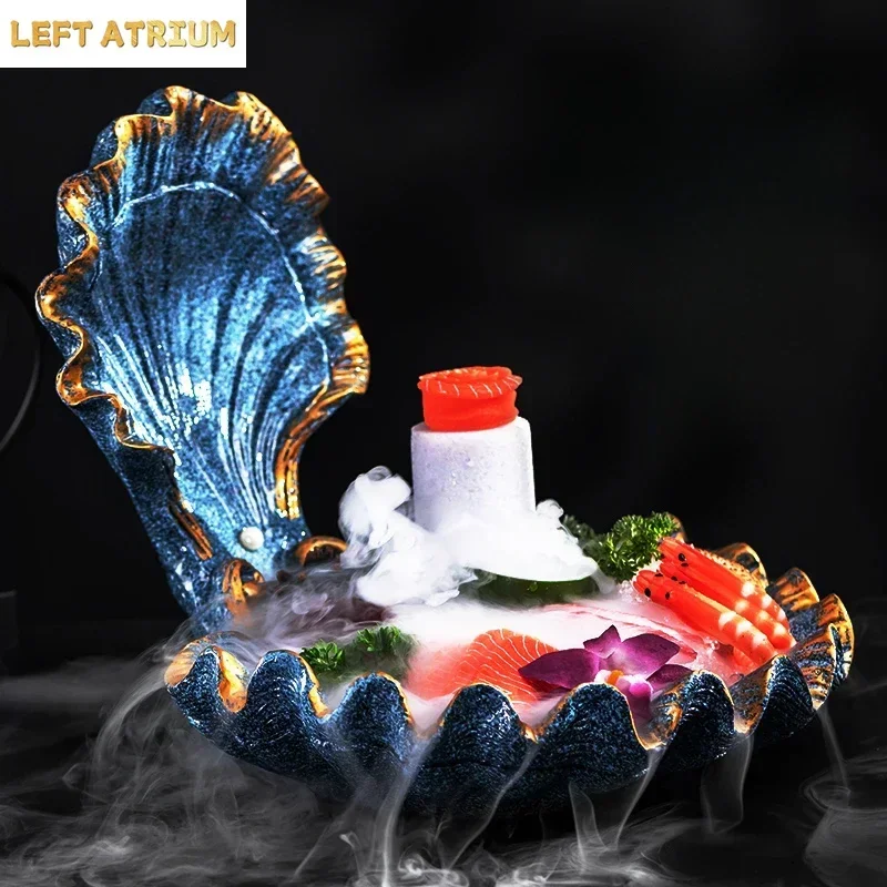 High End Shell Sashimi Plate Ice Plate Seafood Platter Salmon Sashimi Plate Dry Ice Artistic Conception Dish and Tableware