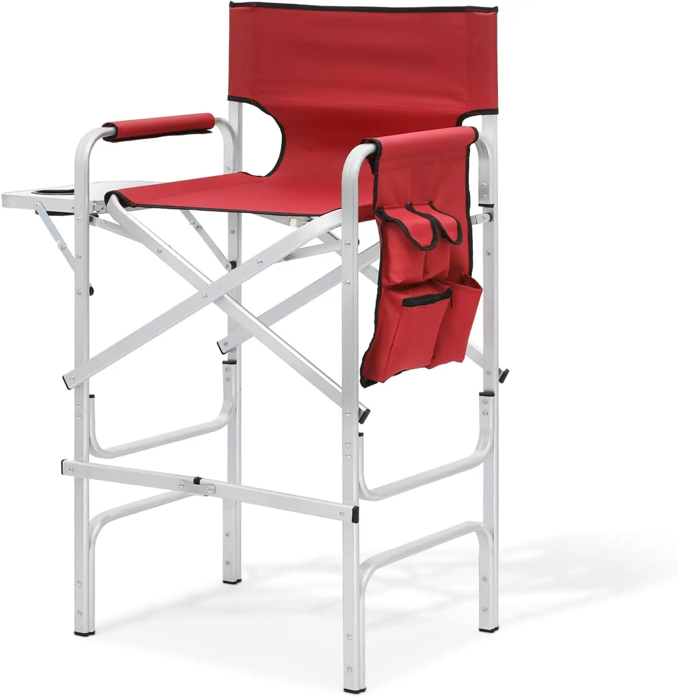 

31-Inch Seat Height Folding Camping Tall Directors Chair with Side Table Foldable Portable Makeup Artist Chair, Red