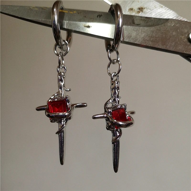 Goth Irregular Red Crystal Cross Hoops Earrings For Women Men Punk Hip Hop Y2K Stainless Steel Jewelry Grunge Charms Accessories