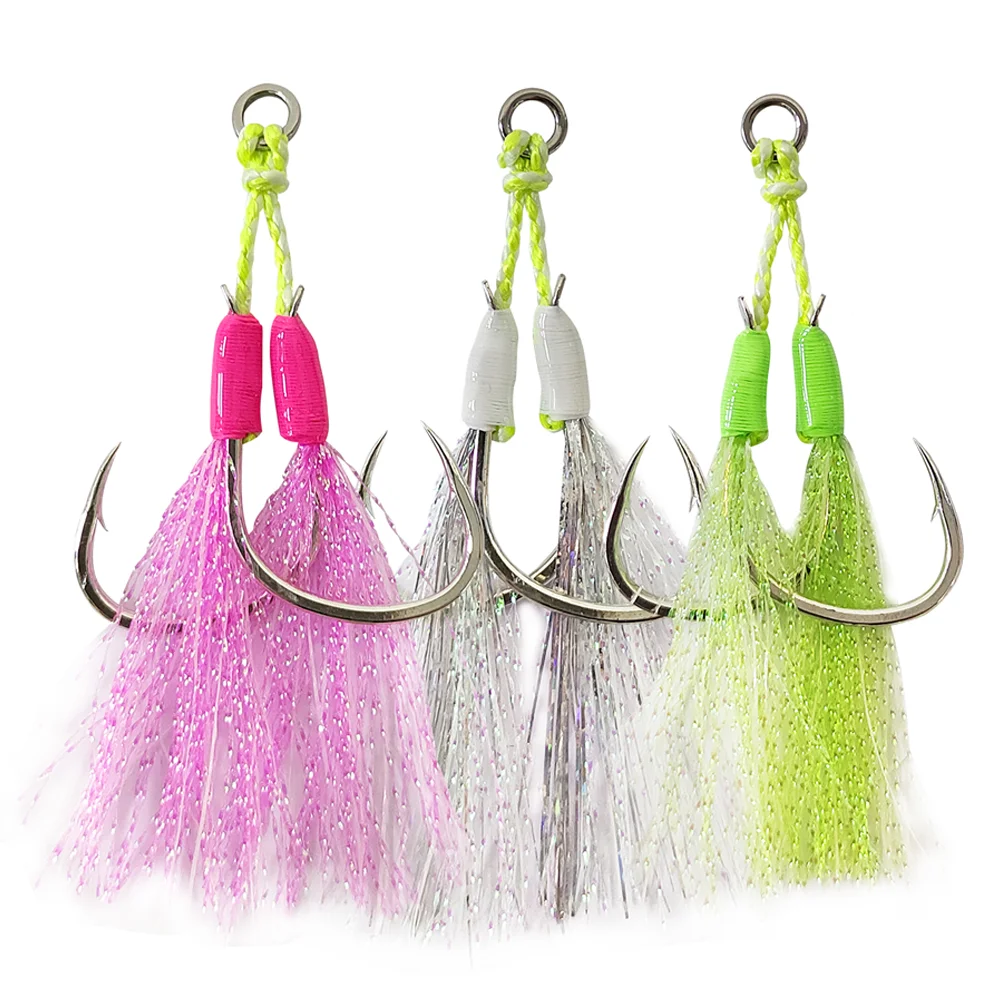 Aventik 3pcs Assist Hook Jigging Fishing Hooks with Steel Wire Glow Tassels for Topwater Lure for Freshwater & Saltwater