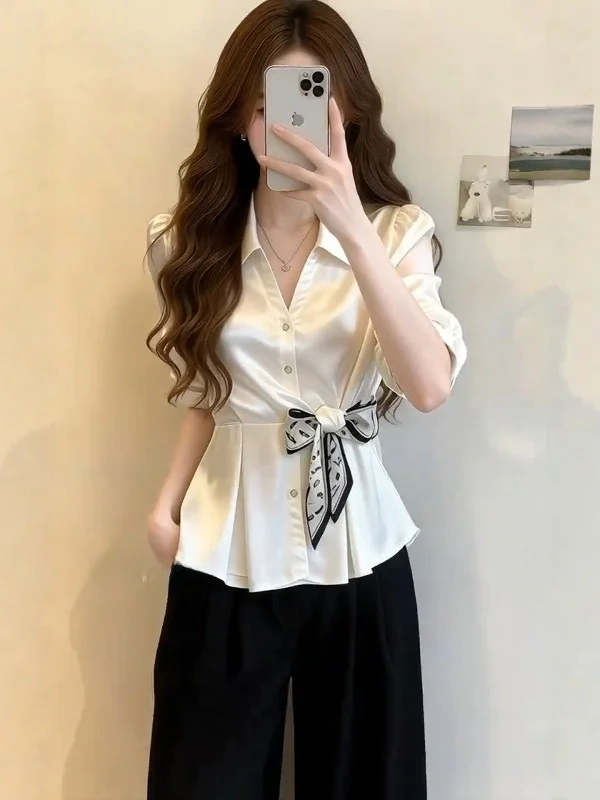 Elegant Satin Shirt with Bow-Tie Versatile Fashionable Anti-Aging Summer 2026 Women's  Neck Short Sleeve Pure Color Top