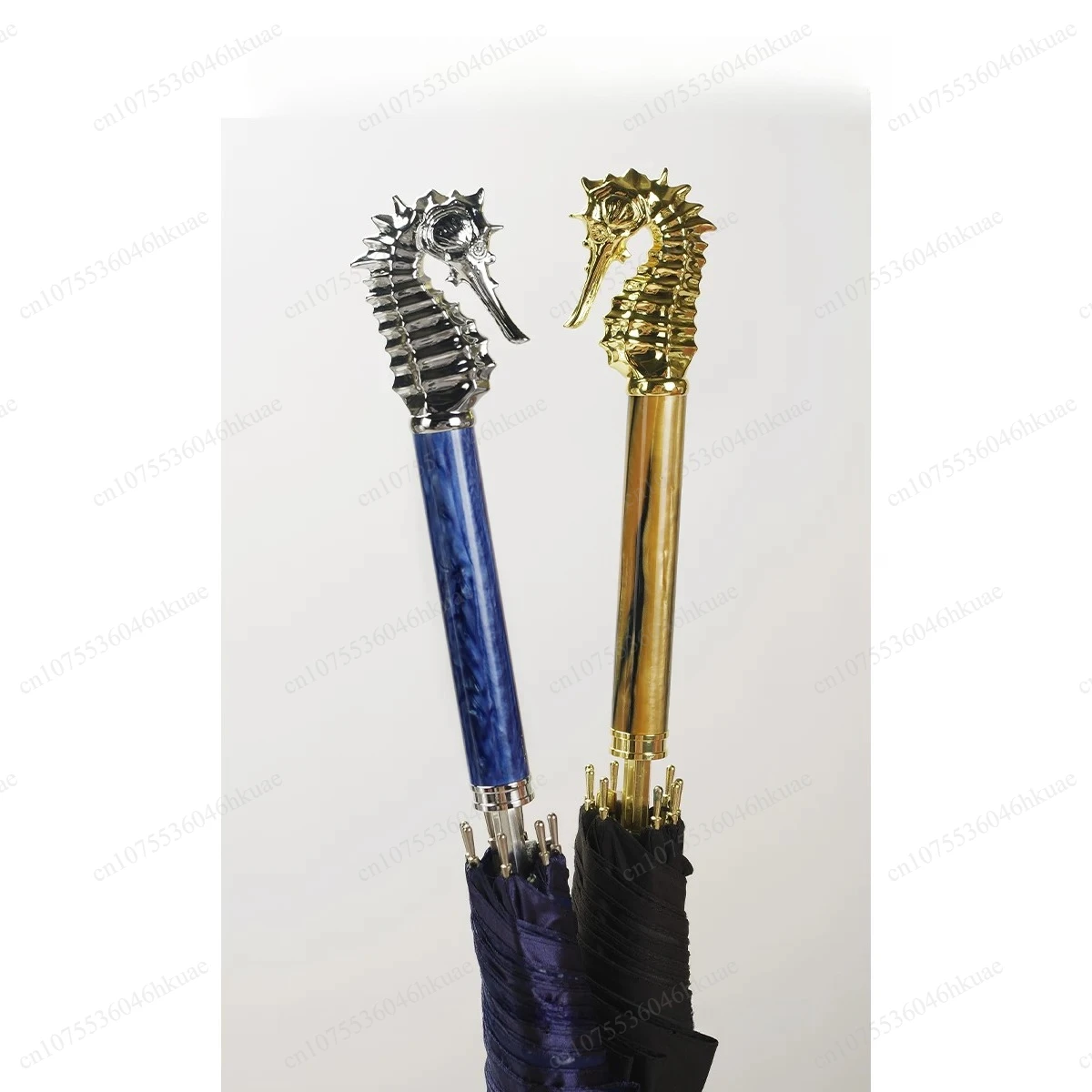 Vintage Business Long Handle Umbrella Indigo Silver Seahorse Print UV Protection Sun Rain Dual Use Windproof Walking