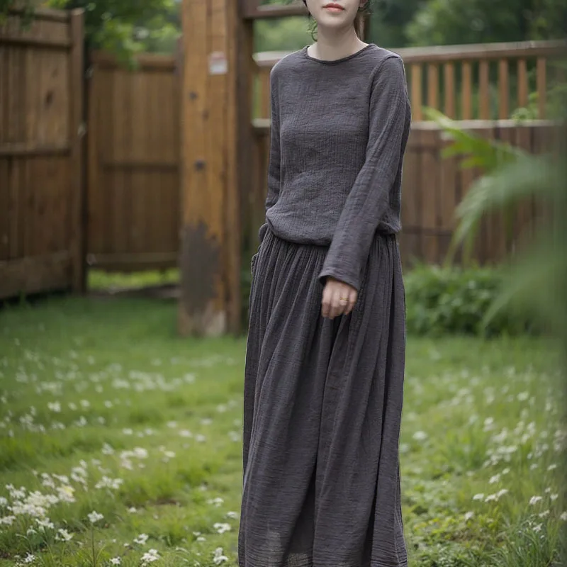 

Retro literary and artistic travel style pendulum long dress ramie cotton temperament strap-up waist dress fashionable casual ve