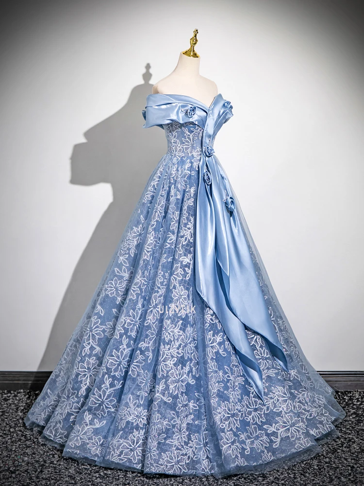 ブルーウエディングイブニングパーティードレス女性オフショルダーアップリケゲストウェディングドレス豪華なカスタマイズされたフォーマルな機会のドレス