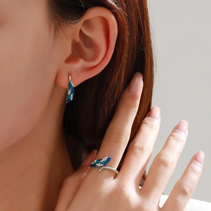 New Product Original Dazzling Blue Feather Earrings Ring Jewelry Set Exotic Ethnic Style Alloy Earrings