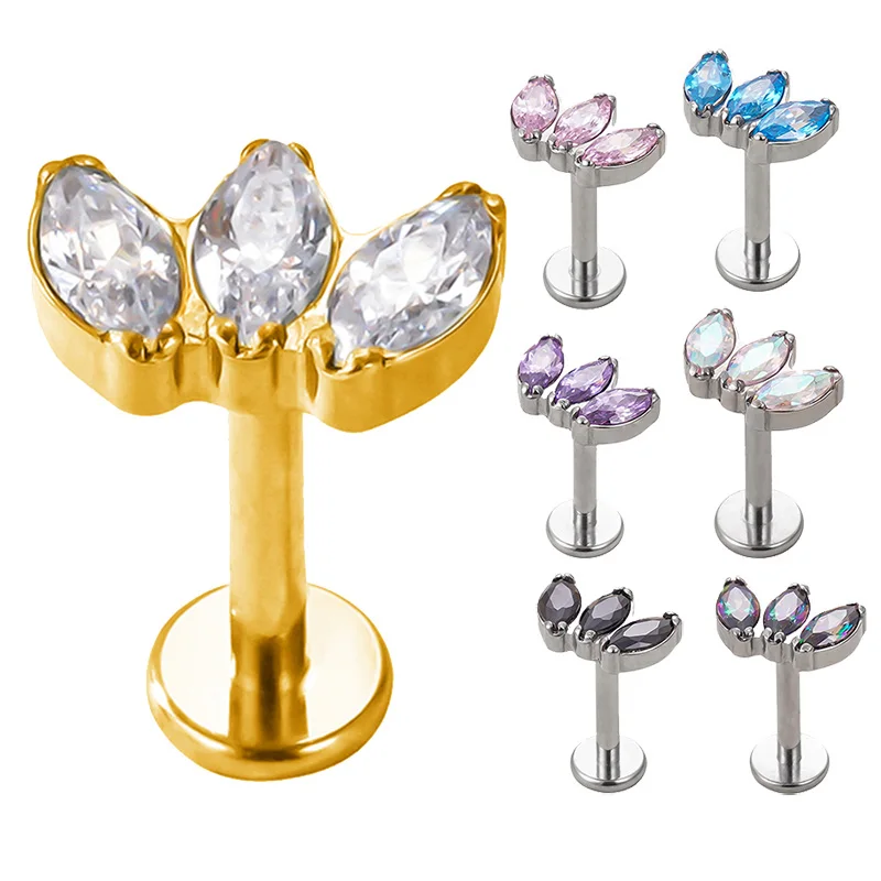 

ASTM F136 Titanium 3 Zircon Paved Top Labret Lip Stud Ear Cartilage Tragus Helix Piercing Ear Studs Snug Body Jewelry Wholesale