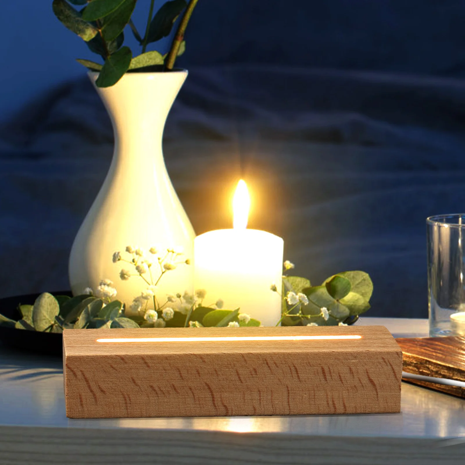 

Wooden Night Light Led Display Base Warm Light Usb Powered Imported Beech Wood Crystal Compatible Decorative Lamp