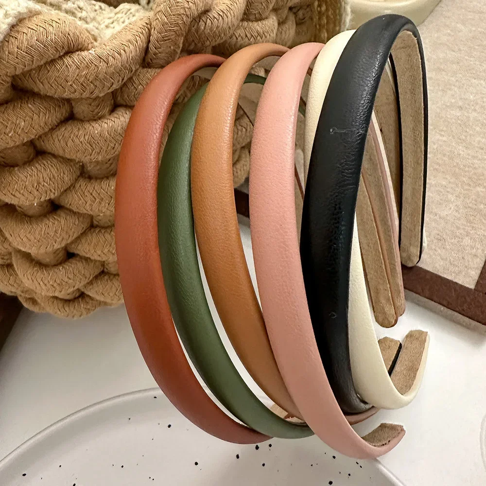 New Fashion Women PU Leather Hairbands Solid Color 2cm Thin Plain Headbands Simple Hair Hoop Basic Headwrap Non-slip Hair Holder