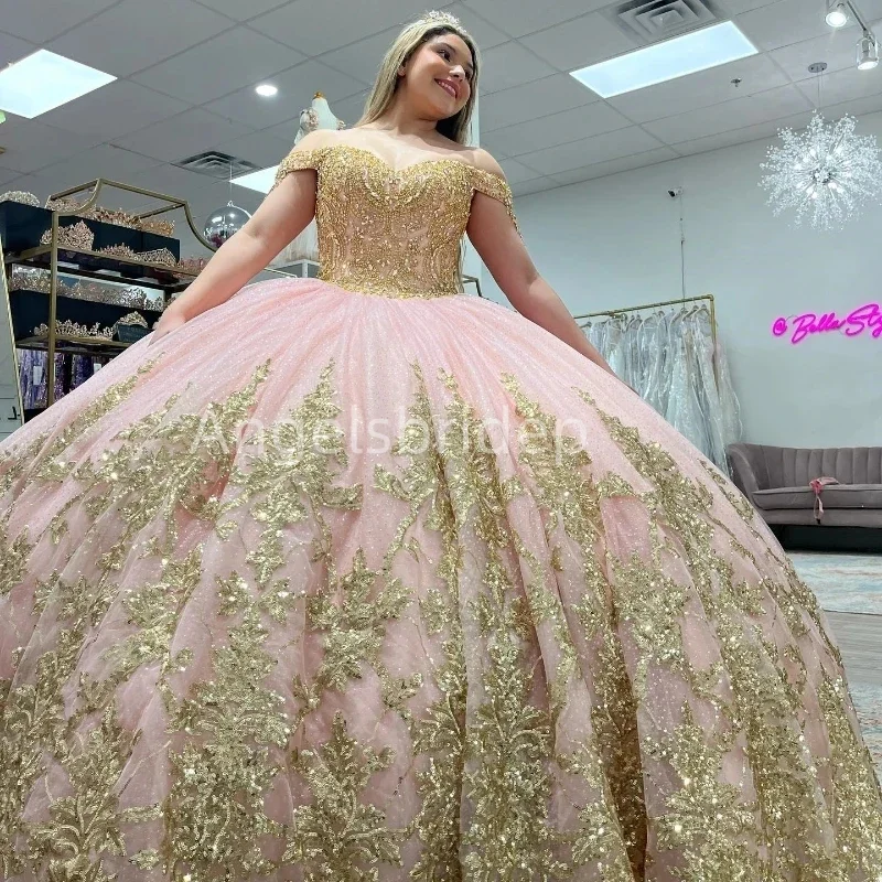 Angelsbride Blingbling Beading Vestido De 15 Quinceañera Pink Luxury Gold Appliques Ball Gown Quinnceanera Dresses