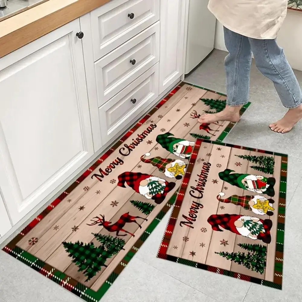 VIKAMA 1/2 Stück Weihnachts-Küchenteppich, Weihnachtszwerg, Holzmaserung, Korridor, Bodenmatte, für drinnen und draußen, Eingangstürmatte, Heimdekoration