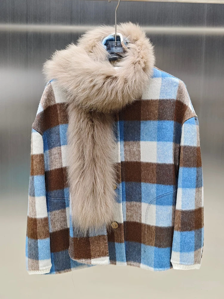 

Зимняя женская куртка 2025 года, толстое теплое шерстяное пальто, шарф с воротником из натурального лисьего меха, свободные роскошные куртки, уличная одежда