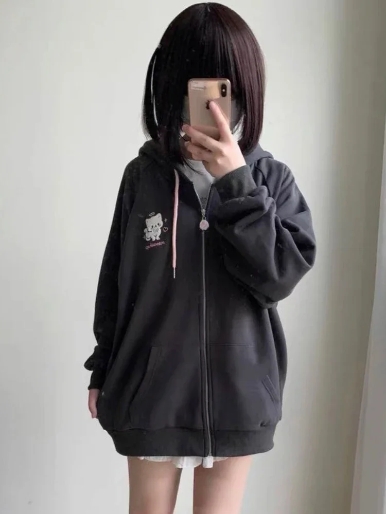 Winter Gray Solid Harajuku Hoodies Women Japanese Style Y2k Cuteore Soft Girl Cartoon Embroidery Zipper Hoodes Sweatshirt 2024