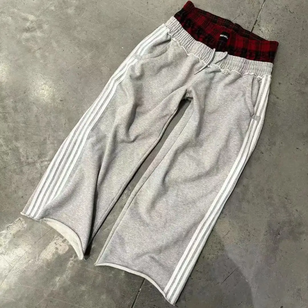 Double Layer Straight Pants Men\'s and Women\'s Loose Wide-leg Trousers Vintage Clothing Side Striped Sweatpants Pant Sets Y2k