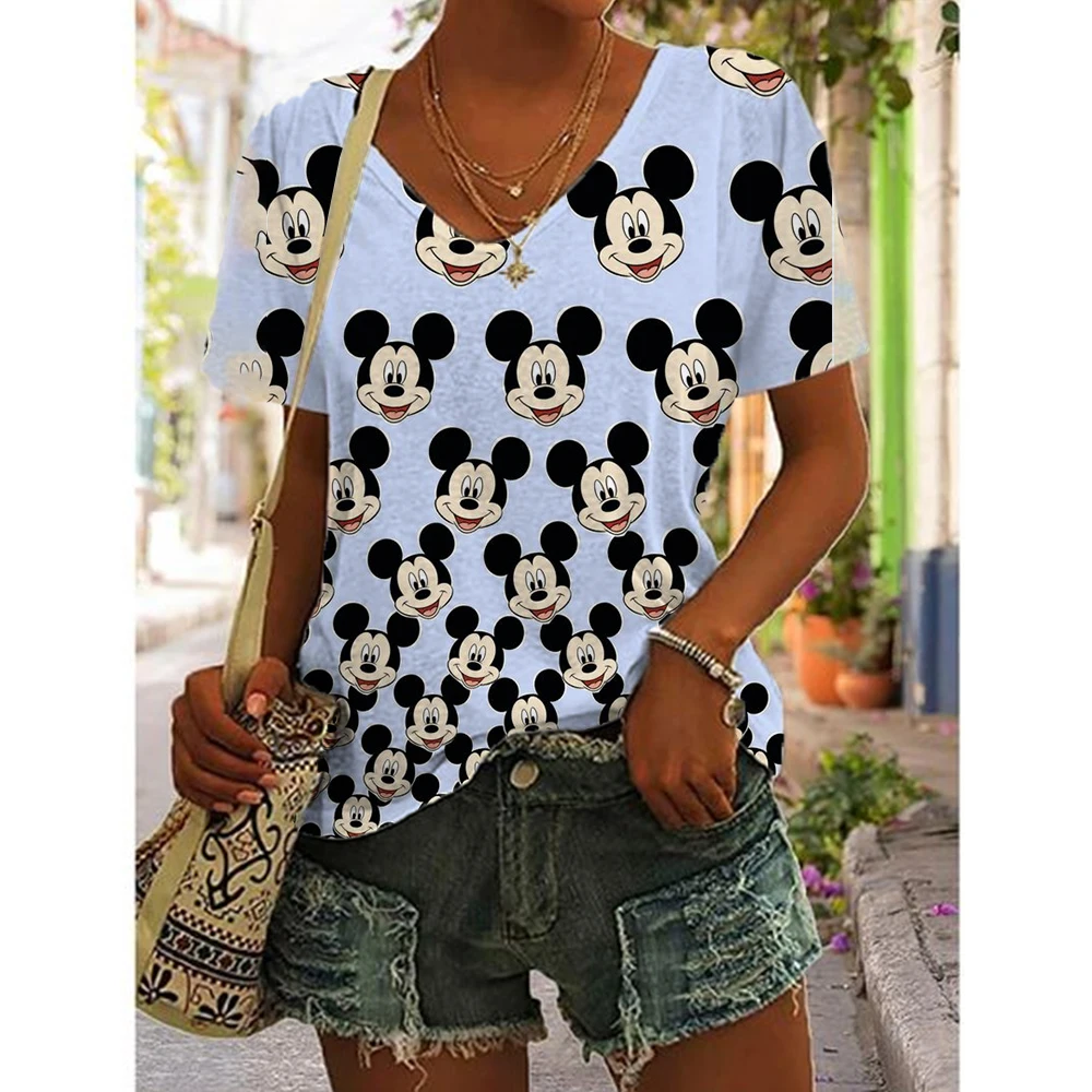 2024 Top damski Disney Mickey nadruk z myszą damska koszulka T-shirt Plus Size lato koszulka z dekoltem w serek moda damska