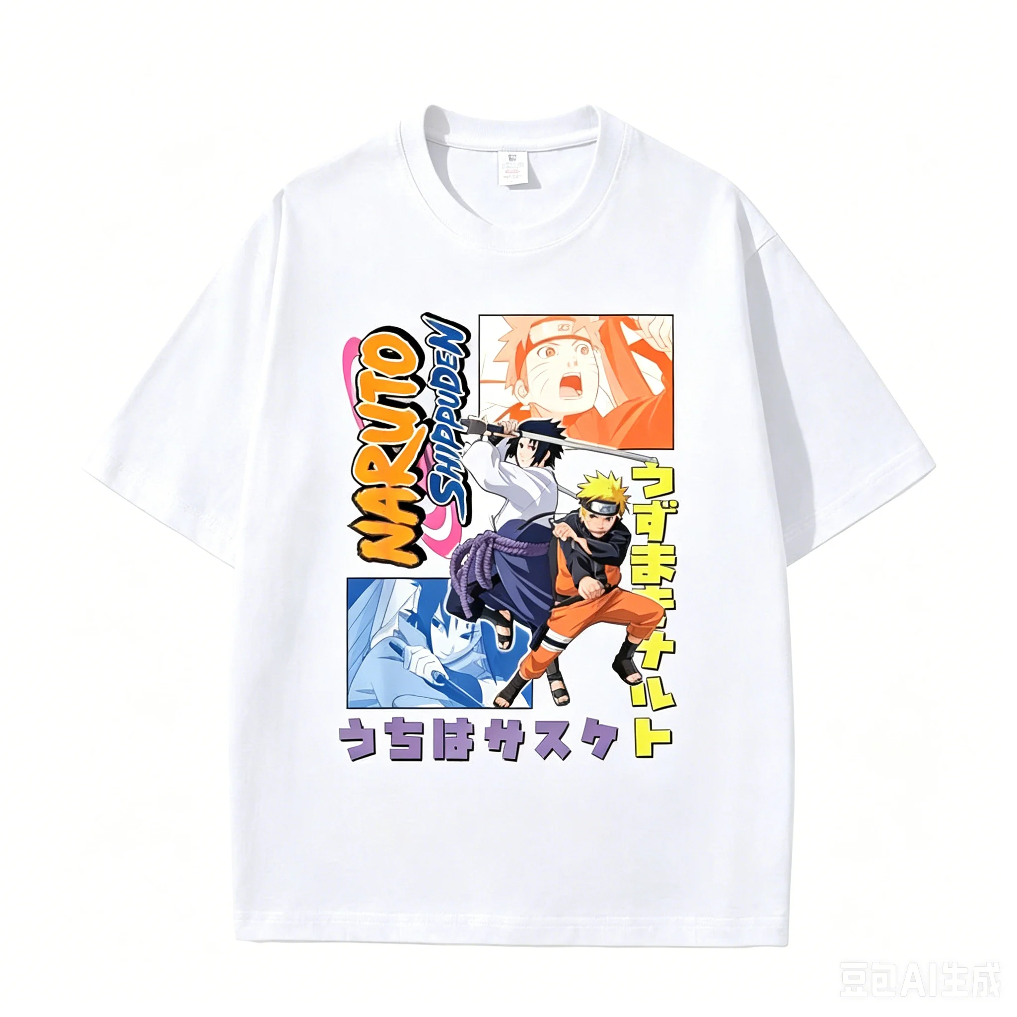 Naruto Uzumaki Ink Brush Style Cotton T-Shirt, Boys Girls Harajuku Streetwear Anime Short Sleeve Tee, Retro Casual Children Top