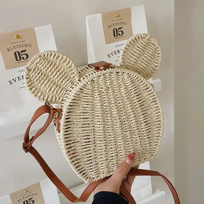 Disney New Ladies Designer Straw Fancy Bag Cute Handbag Rattan Travel Leisure Vacation Small Round Beach Mickey Shoulder Bag