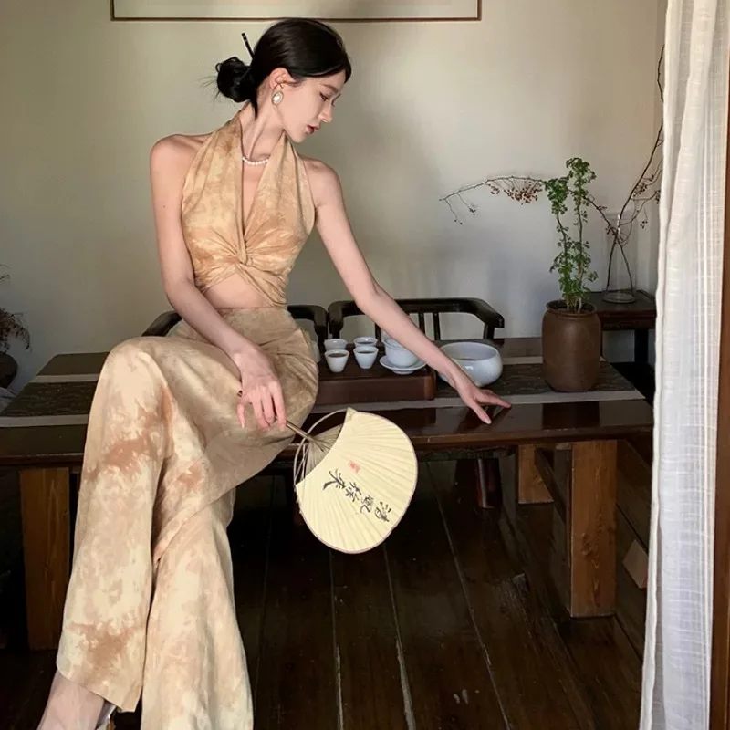 Vrouwelijke Senior Luxe Outfit Pak Zomer Tie Dye Print Halter Crop Top Brede Led Broek Set Dame Elegante Charmante Korea Trendy Sets