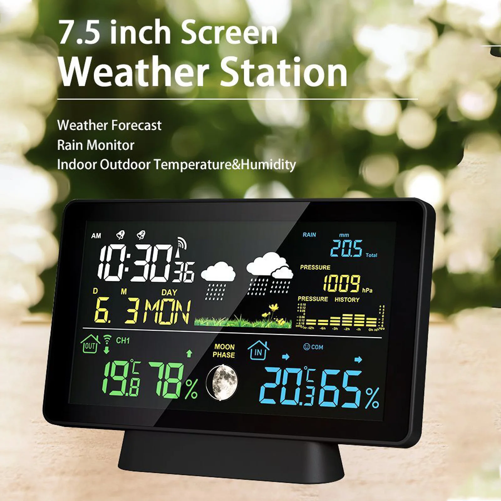 Wireless Weather Station 8-in-1 Indoor/Outdoor Thermometer Temperature Humidity Time Date Radio Signal Air Pressure Moon Phase