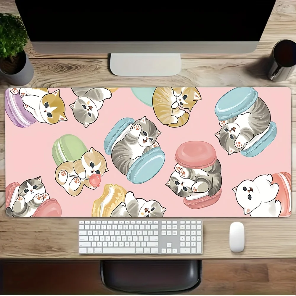 

Large gaming mouse pad with pastel cat pattern, anti-slip rubber base & washable surface, durable desk pad .