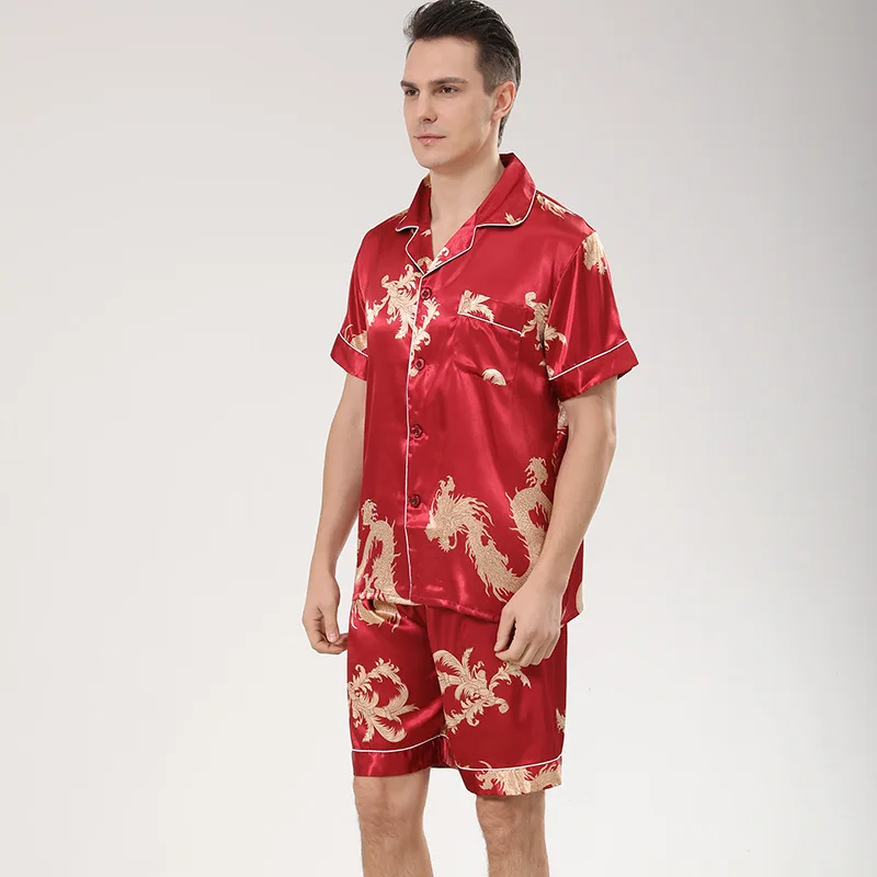 Men Pajamas Suit Print Dragon Sleepwear Satin 2PCS PJS Set Lapel Shirt&Shorts Lounge Wear Summer Button-down Nightwear Lingerie