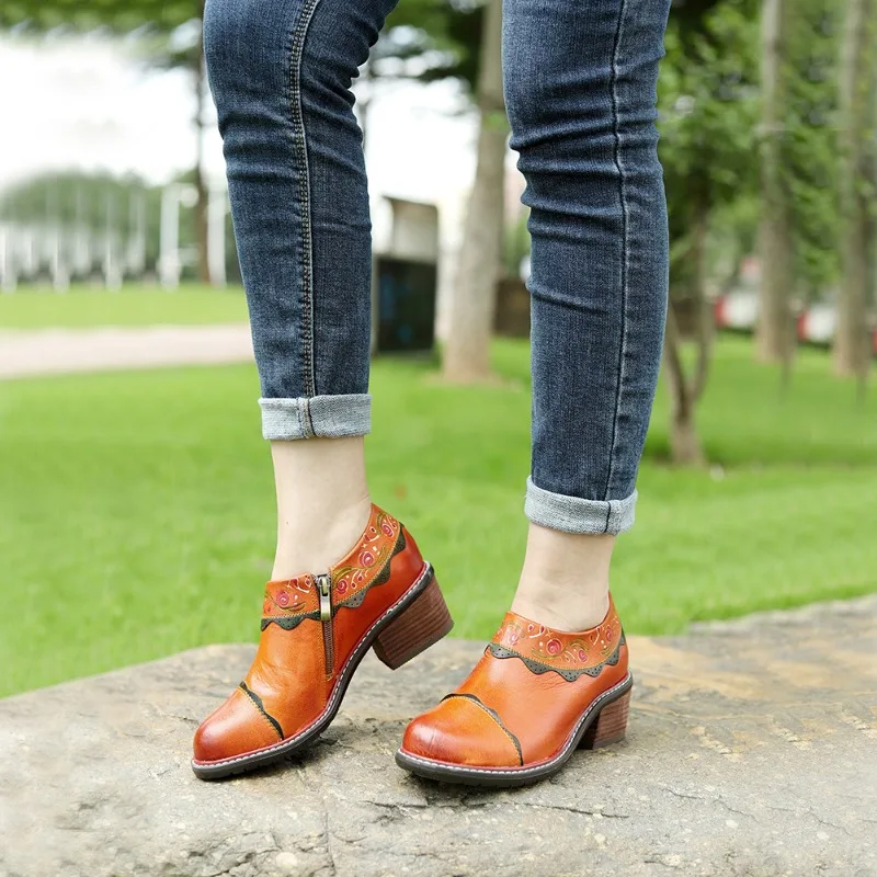 

Big Size Genuine Leather Printed Pumps Women 2025 Spring Autumn 5CM Mature Shoes Women Side Zipper Soft Base Casual Mujer Shoe