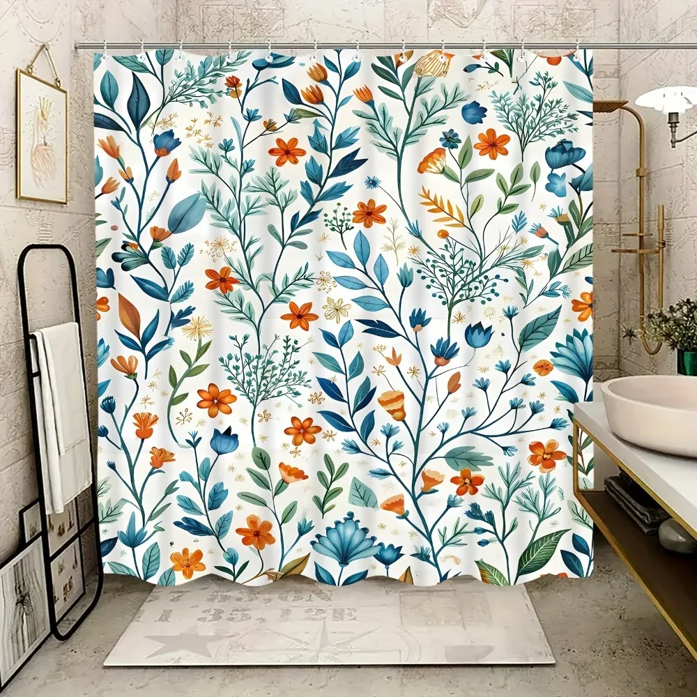 

Blue and yellow floral pattern Washable Dirt-Resistant Shower Curtain Shower Head waterproof Polyester Bath Curtain