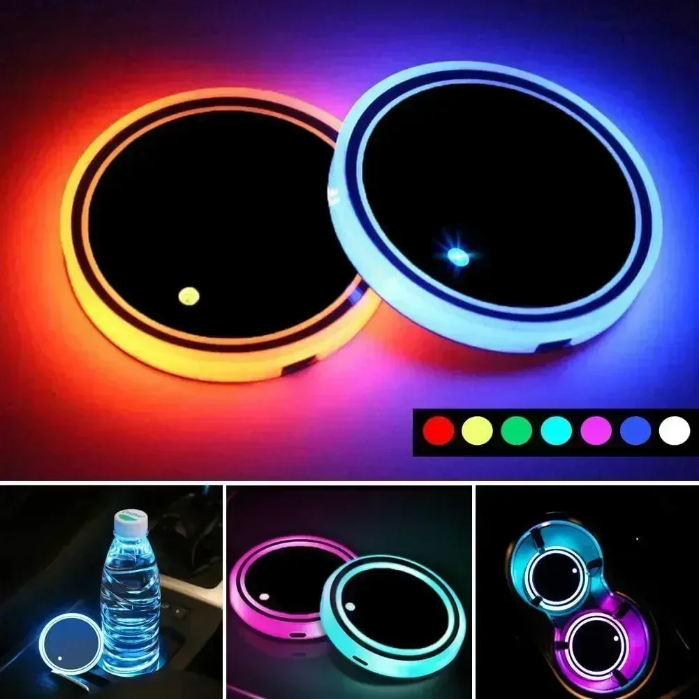 1/2PCS Car Luminous Coasters LED Cup Holder Lights 7 Color-Changing Light Up Cup Holder Insert Coasters Car Decor Accessories