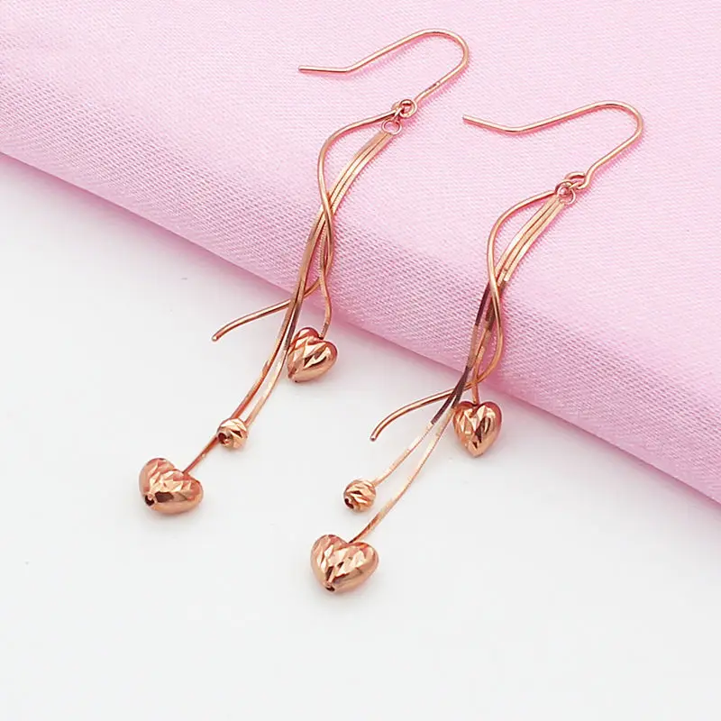 

Classic 585 Purple Gold Heart shaped Pendant Snake Bone Chain Tassel earrings for women Plated 14K Rose Gold New In Jewelry