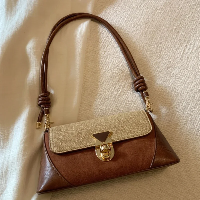 Korean Retro Brown PU Leather Women\'s Shoulder Bag 2024 Y2K Vintage Female Small Underarm Bags Fashion Ladies Gold Lock Handbags