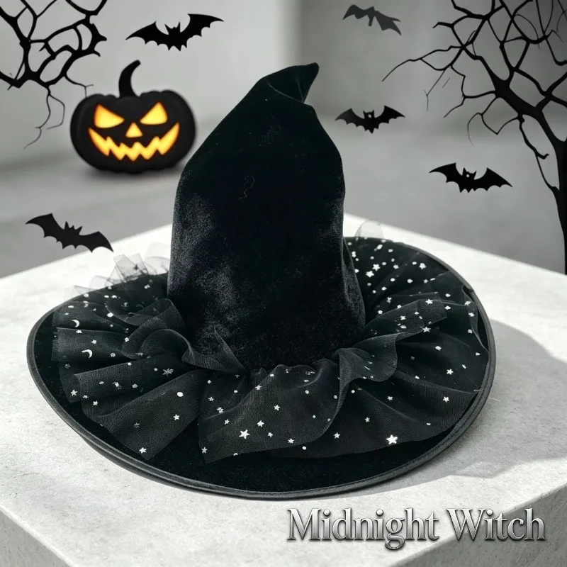 Halloween Folding Witch Hat Strap Starry Moon Spider Bat Decoration Theme Party Dress Up Costume Headwear