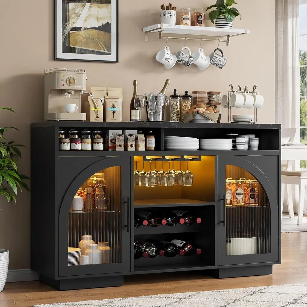 

54 LED-lit Kitchen Sideboard with Arched Glass Door, Tall Bar Cabinet featuring Adjustable Shelves, Wine Rack, and Storage for D